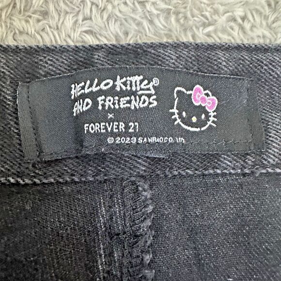 Forever 21 HelloKitty‎ Girls Jeans Rhinestone Logo Black 14Y Wide Leg Y2K Kawaii - Picture 3 of 11